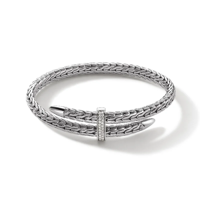 bohemian beaded bracelet-John Hardy Classic Chain Spear Silver Diamond Pave Bypass Flex Cuff