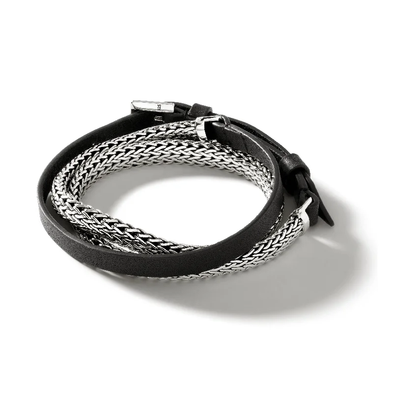 simple braided bracelet-John Hardy Classic Chain Silver Three Wrap Chain and Black Leather Bracelet