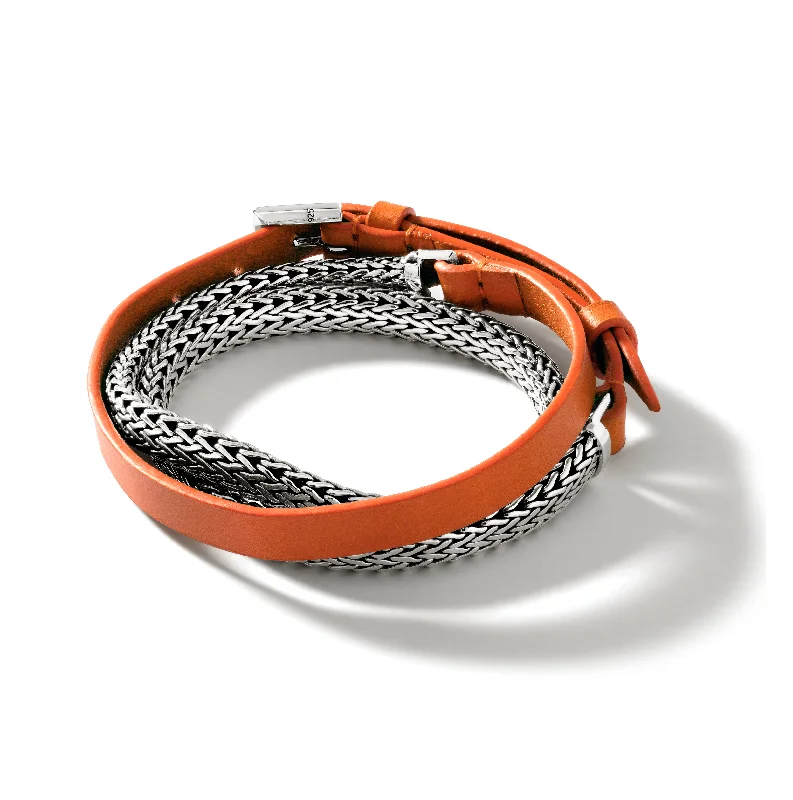 turquoise bead bracelet-John Hardy Classic Chain Silver Three Wrap Chain and Orange Leather Bracelet