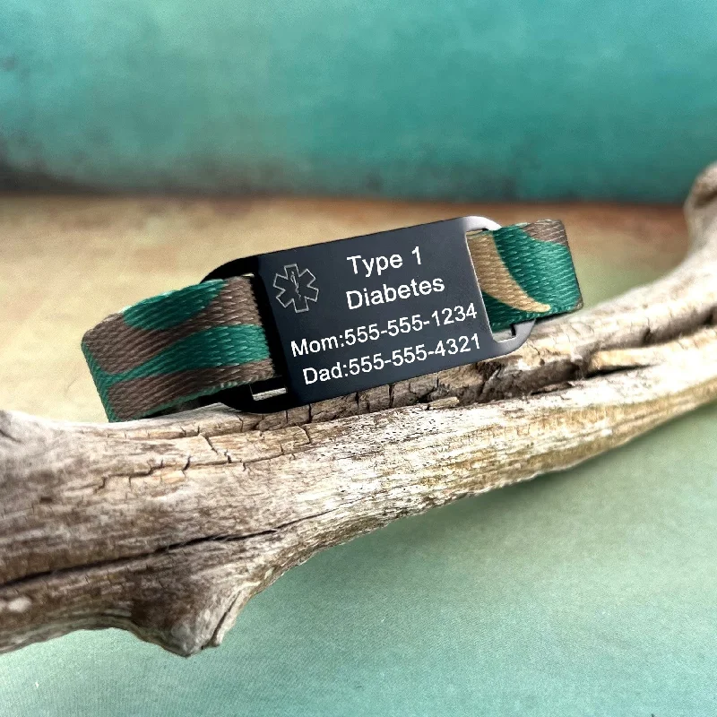 personalized gold bracelet-Kids Medical Alert Bracelet ~ Camo