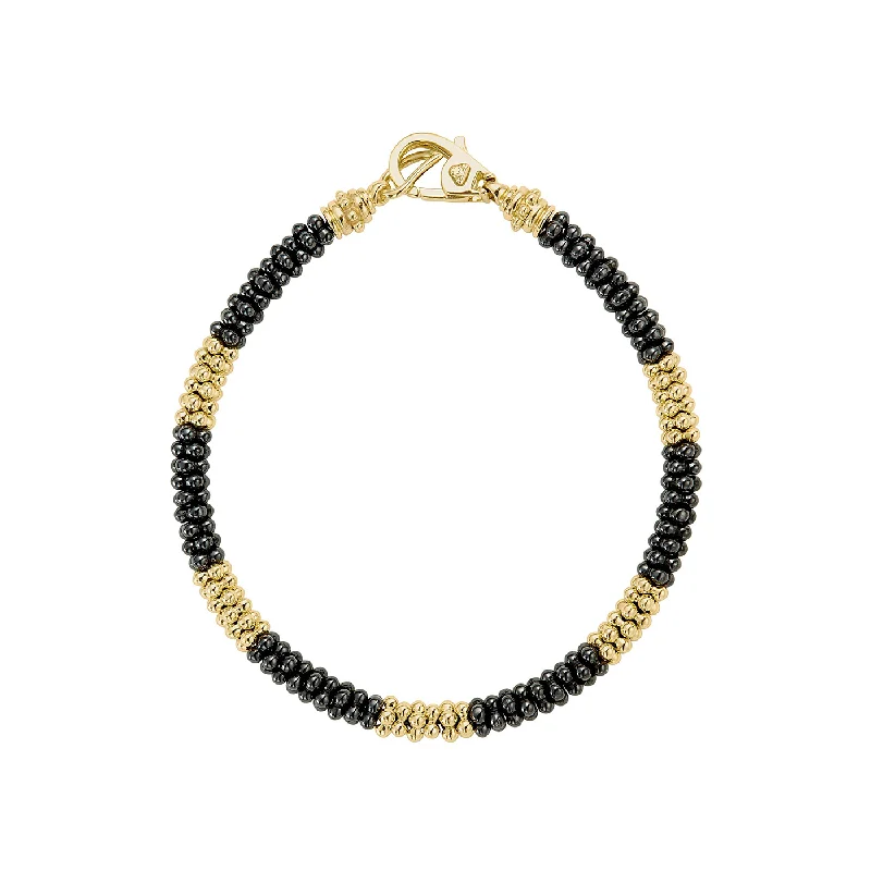 adjustable rope bracelet-LAGOS Black Caviar Five Large 18K Gold Station Ceramic Beaded Bracelet, 5mm