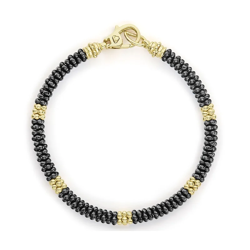 leather bracelet with charms-LAGOS Black Caviar Five Small 18K Gold Station Ceramic Beaded Bracelet, 5mm