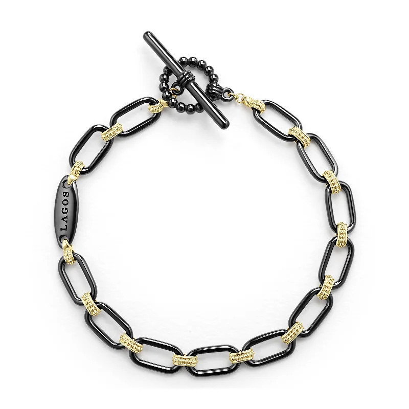 silver chain bracelet for men-LAGOS Signature Caviar 18K Gold and Black Ceramic Link Bracelet