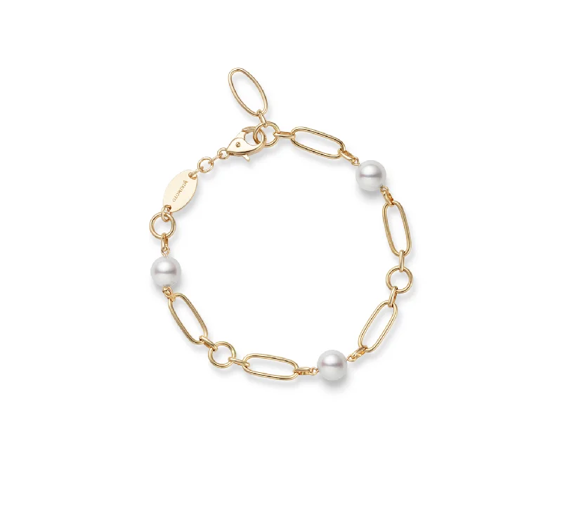 adjustable gemstone bracelet-Mikimoto 18K Yellow Gold 6.5mm Akoya Pearl Station Chain Bracelet