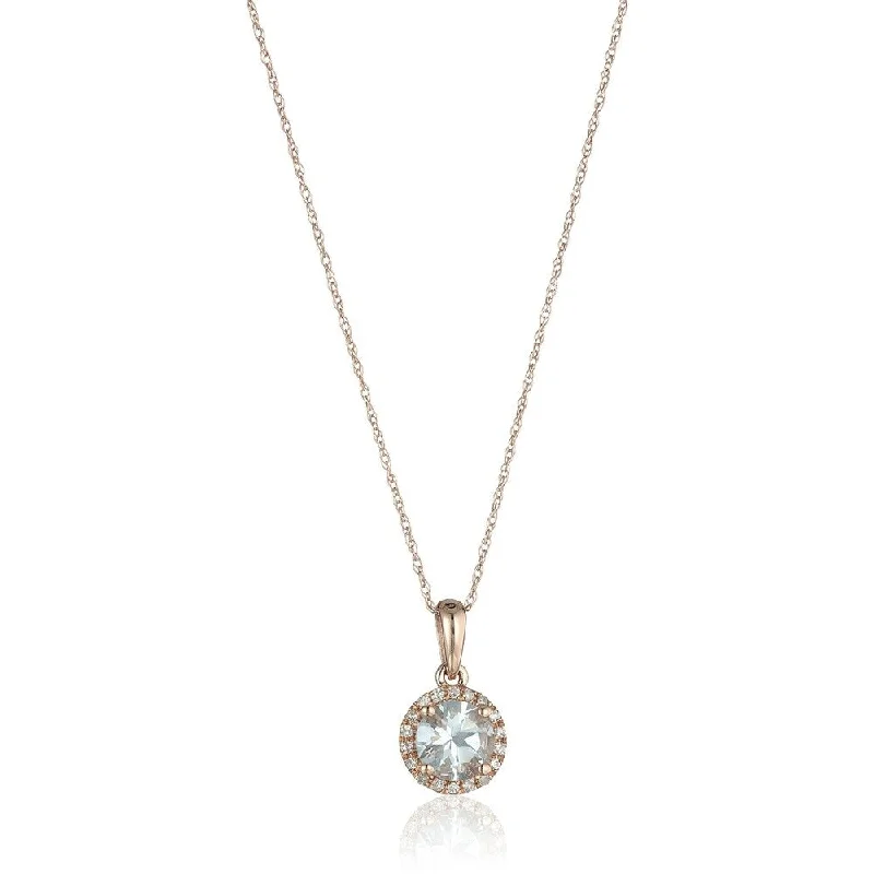 dainty heart necklace-10k Rose Gold Aquamarine and Diamond Classic Princess Di Halo Pendant Necklace, 18"