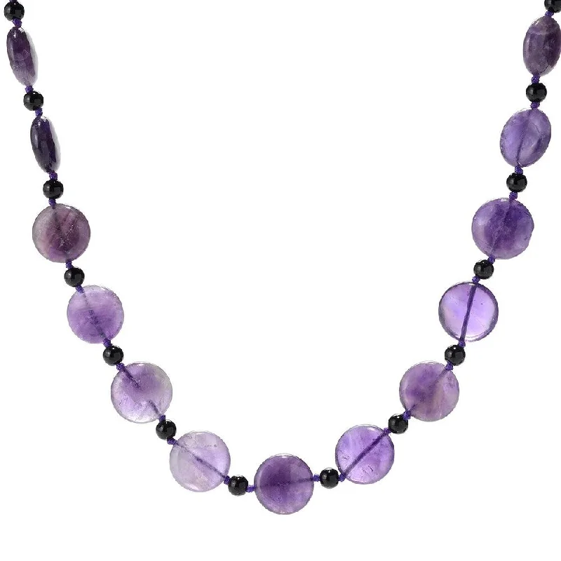 silver teardrop necklace-28" 18mm Coin Shaped African Amethyst & Onyx Beaded Endless Necklace