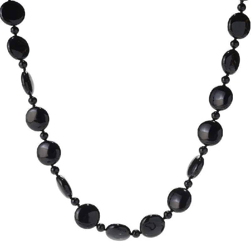 opal pendant necklace-28" 18mm Coin Shaped Black Onyx Beaded Endless Necklace