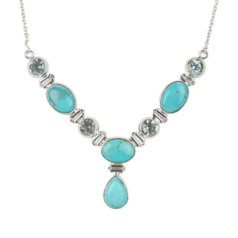 crystal stone necklace-925 Sterling Silver Blue Mohave Turquoise And Sky Blue Topaz Y-Shape Necklace