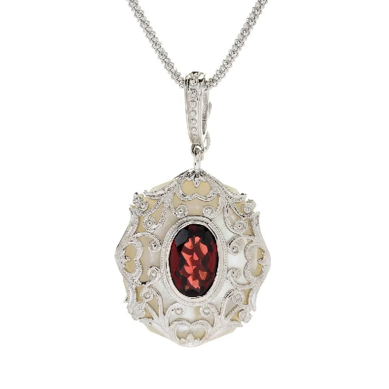 eco-friendly necklace-Dallas Prince Sterling Silver 26 x 22mm Mother-of-Pearl & Garnet Pendant. Collection: Classic Dallas