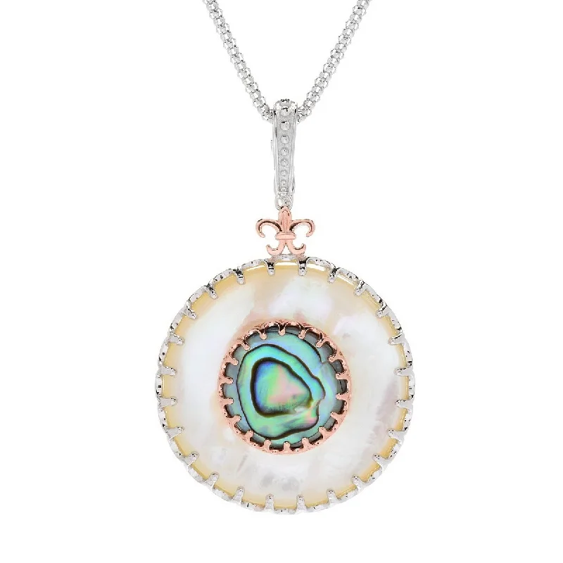 flower pendant necklace-Dallas Prince Sterling Silver Mother-of-Pearl & Abalone Enhancer Pendant w/ 18" Chain.