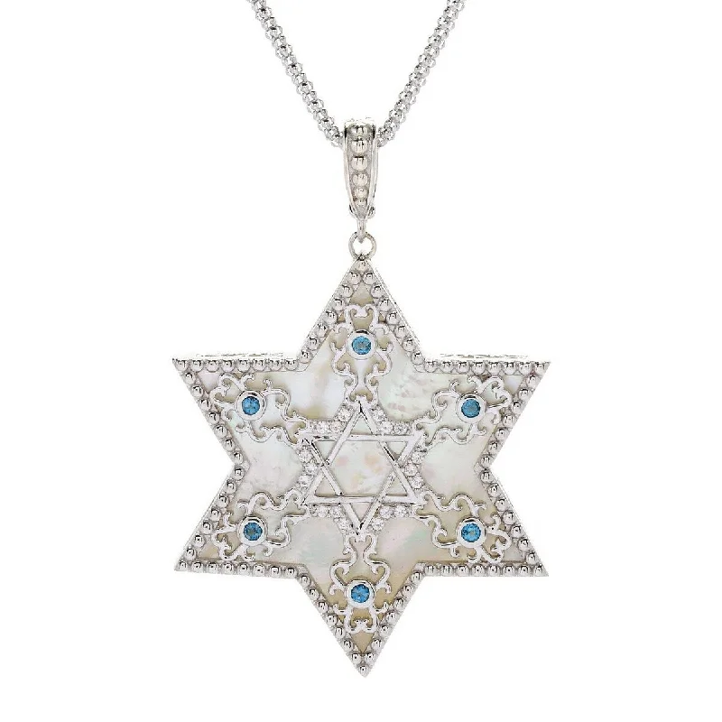 leather necklace for women-Dallas Prince Sterling Silver Mother-of-Pearl & Gem Star of David Pendant w/Chain. Collection: Classic Dallas