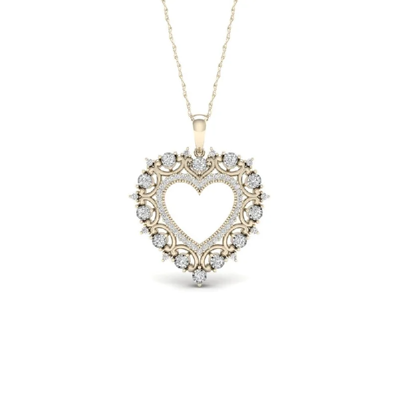 couple’s heart necklace-De Couer 10k Yellow Gold 1/4ct TDW Diamond Filigree Heart Necklace