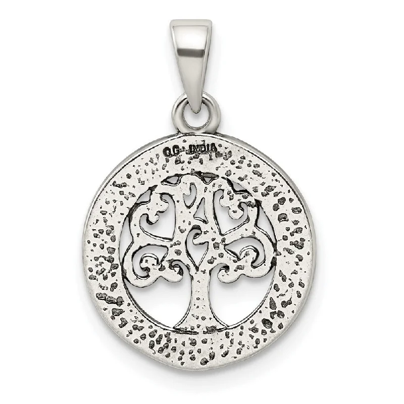 celestial necklace for women-Diamond2Deal 925 Sterling Silver Antiqued Glitter Enamel Tree in Circle Pendant (L- 23.8 mm, W- 15.6 mm)