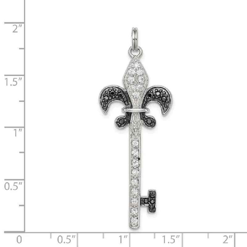 delicate rose gold necklace-Diamond2Deal 925 Sterling Silver Black and White CZ Fleur de Lis Key Pendant