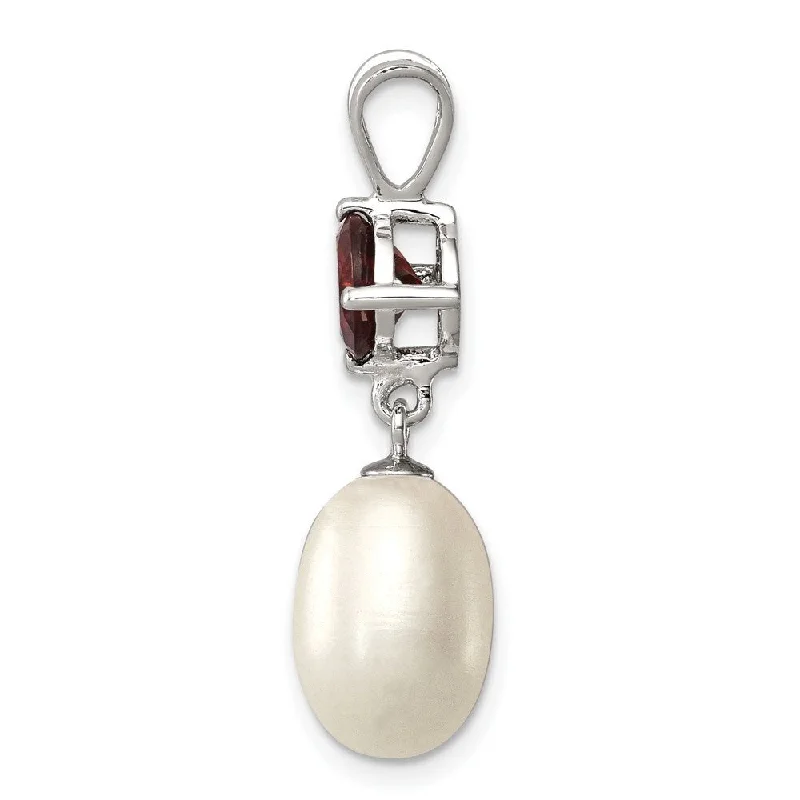 delicate rose gold necklace-Diamond2Deal 925 Sterling Silver Garnet Pearl Teardrop Pendant (L- 28 mm, W- 8 mm)