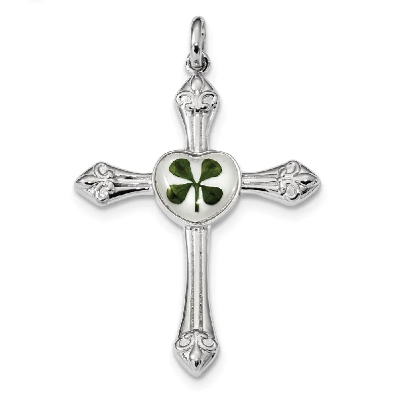 gemstone necklace for women-Diamond2Deal 925 Sterling Silver Plat. Plated Real Clover Epoxy and Shell Cross Pendant (L- 2.25 Inch, W- 1.42 Inch)