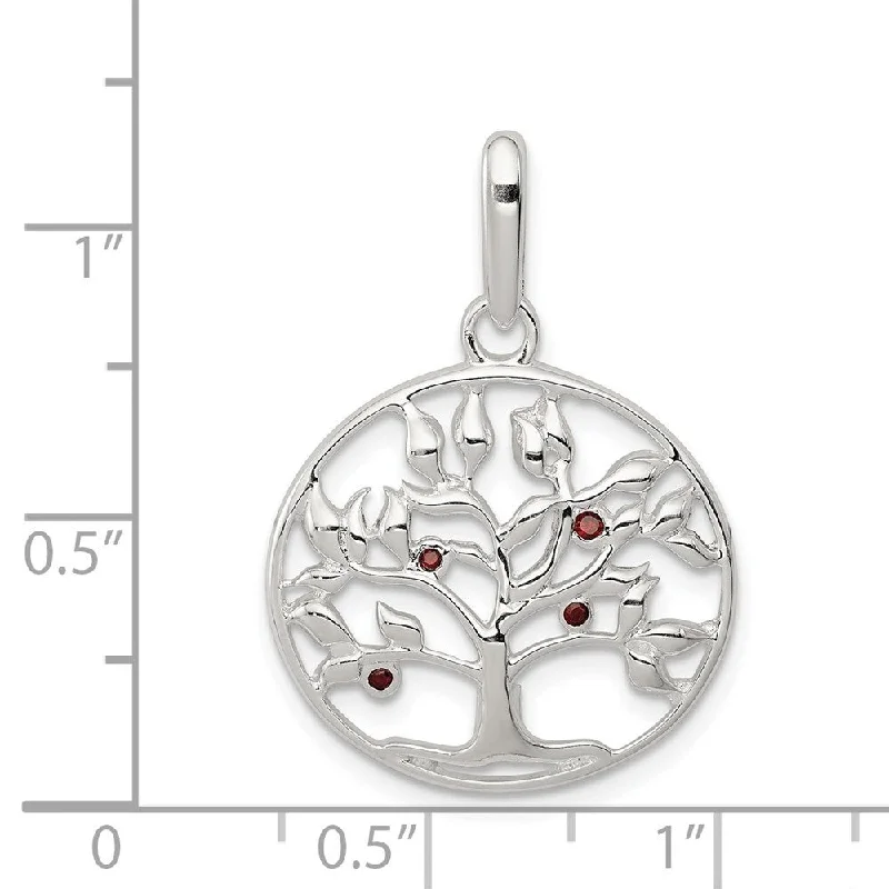 pendant necklace for mom-Diamond2Deal 925 Sterling Silver Polished Red Cubic Zirconia Tree Circle Pendant