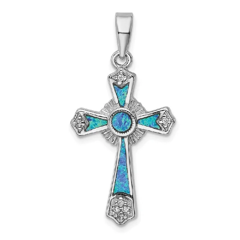 blue sapphire necklace-Diamond2Deal 925 Sterling Silver Rhodium Plated Cubic Zirconia Opal Cross Pendant (L- 37.5 mm, W- 18.8 mm)