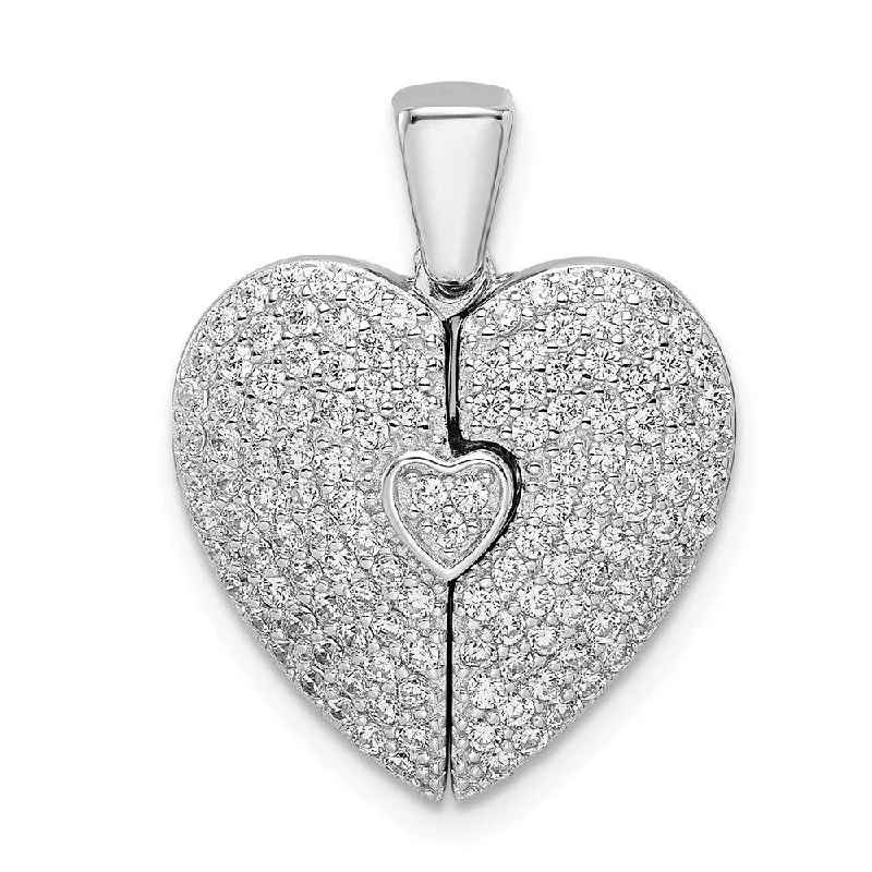 layered gold necklace-Diamond2Deal 925 Sterling Silver Rhodium-plated Cubic Zirconia Opening Heart Pendant, (L-22.95mm, W-18.28mm)