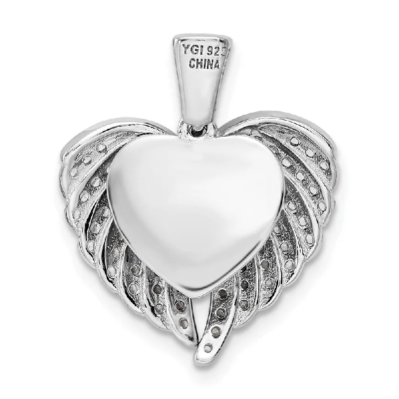 custom photo necklace-Diamond2Deal 925 Sterling Silver Rhodium-plated Cubic Zirconia Opening Wings and Heart Pendant, (L-22.72mm, W-18.53mm)