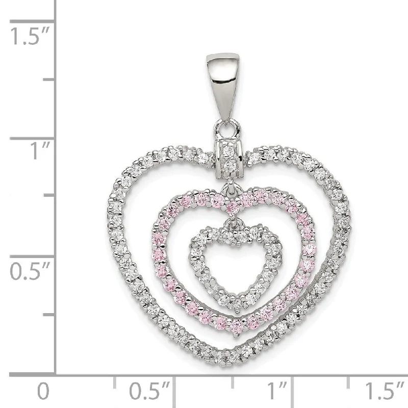 men’s chain necklace-Diamond2Deal 925 Sterling Silver Rhodium-plated Polished Pink/White Cubic Zirconia Hearts Pendant