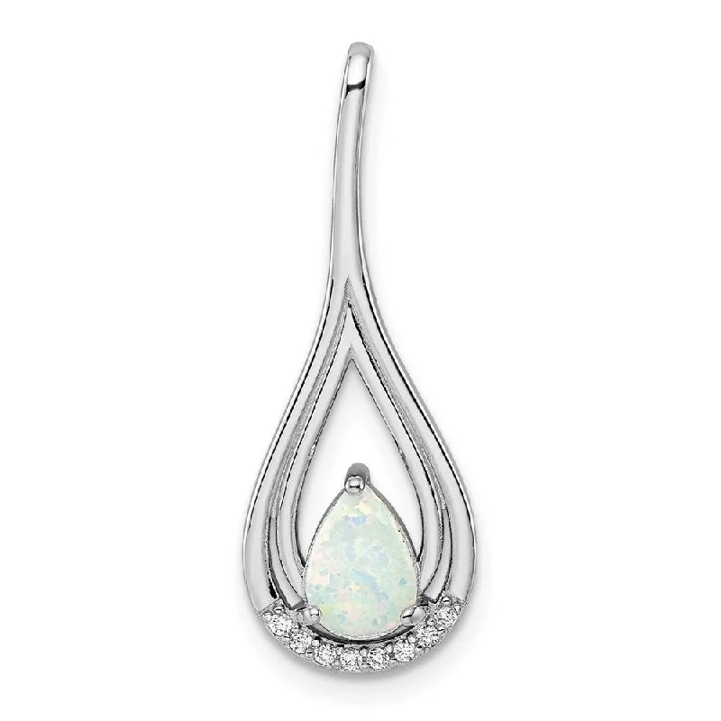 boho necklace for women-Diamond2Deal 925 Sterling Silver Rhodium-plated White Created Opal and Cubic Zirconia Pendant (L-28mm, W-10.4mm)