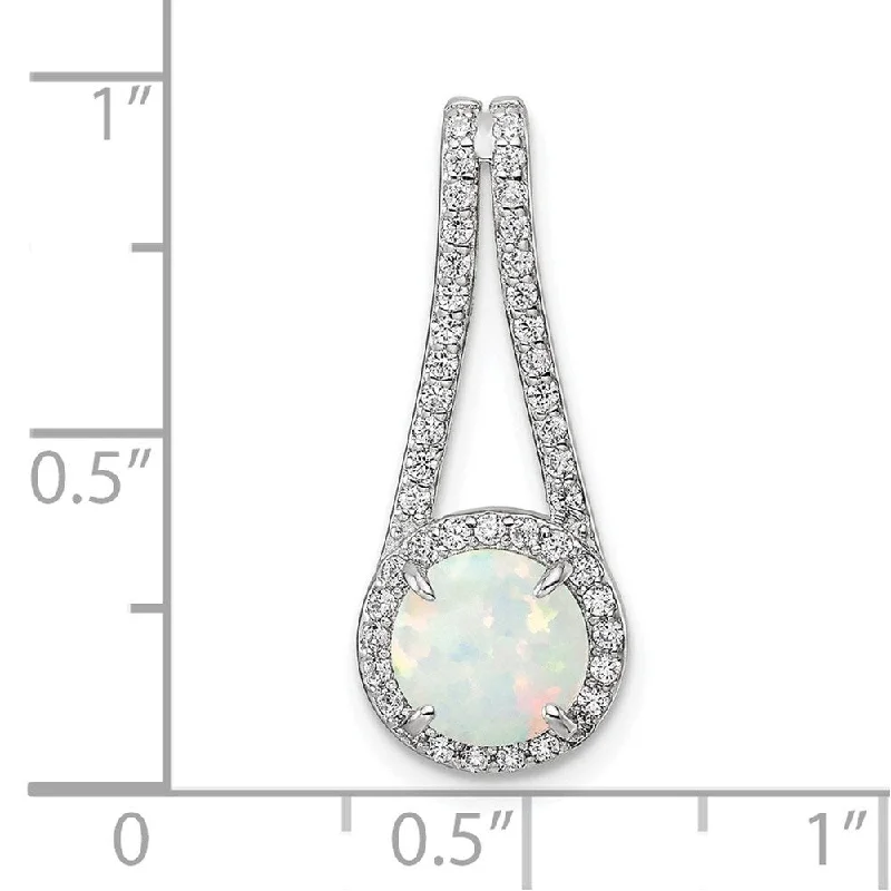 vintage pendant necklace-Diamond2Deal 925 Sterling Silver Rhodium-plated White Opal and Cubic Zirconia Halo Pendant (L-24.32mm, W-9.8mm)