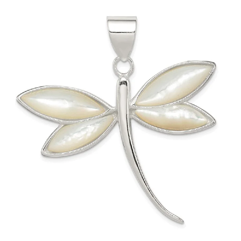 trendy gold necklace-Diamond2Deal 925 Sterling Silver White Shell Dragonfly Pendant (L- 41 mm, W- 45 mm)