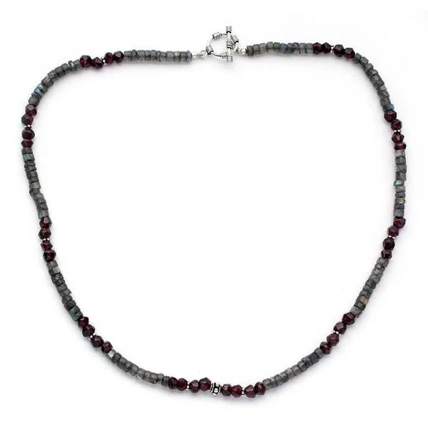 heart pendant choker necklace-Handmade Labradorite and Garnet Beaded Necklace, 'Orissa Harmony' (India)