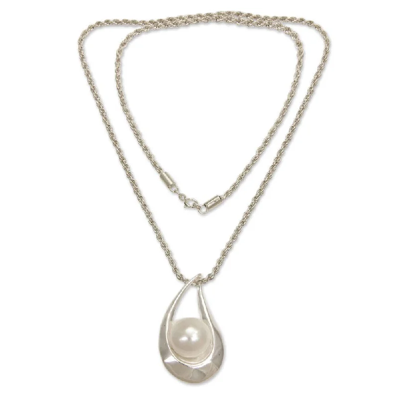 anniversary necklace for wife-Handmade Pearl Pendant Necklace, 'White Symphony' (Indonesia)