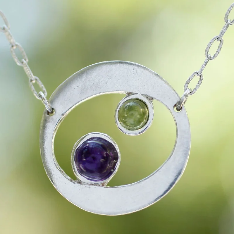 sterling silver pendant necklace-Handmade Sterling Silver 'Drifters' Amethyst Peridot Necklace (Mexico)