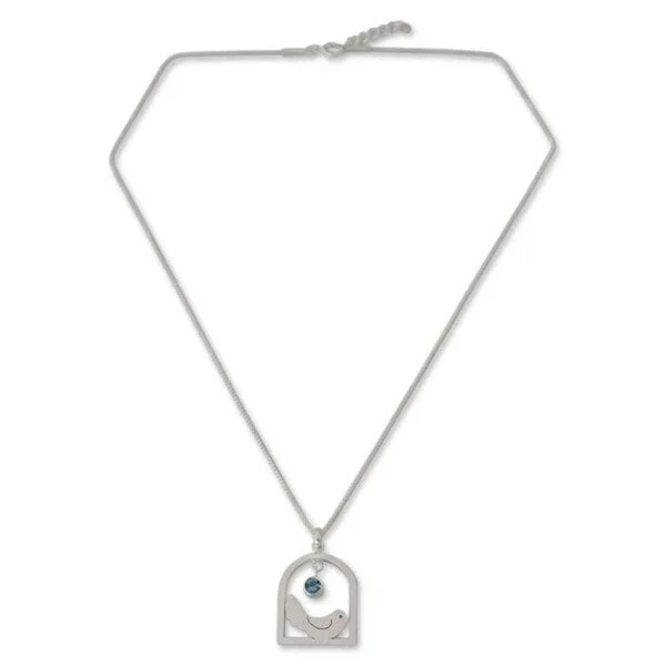 moonstone necklace-Handmade Sterling Silver 'Happy Bird' Blue Topaz Necklace (Thailand) - 7'6" x 9'6"