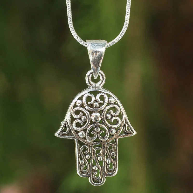 square pendant necklace-Handmade Sterling Silver 'Thai Hamsa' Necklace (Thailand)