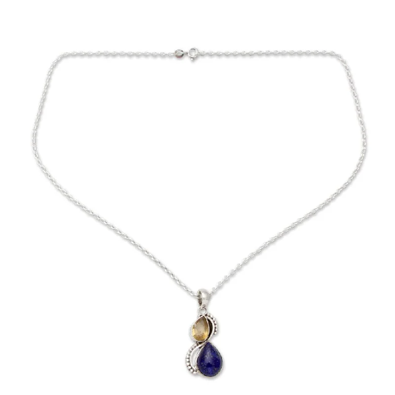 vintage inspired necklace-Handmade Sterling Silver 'Two Teardrops' Lapis Lazuli Citrine Necklace (India)