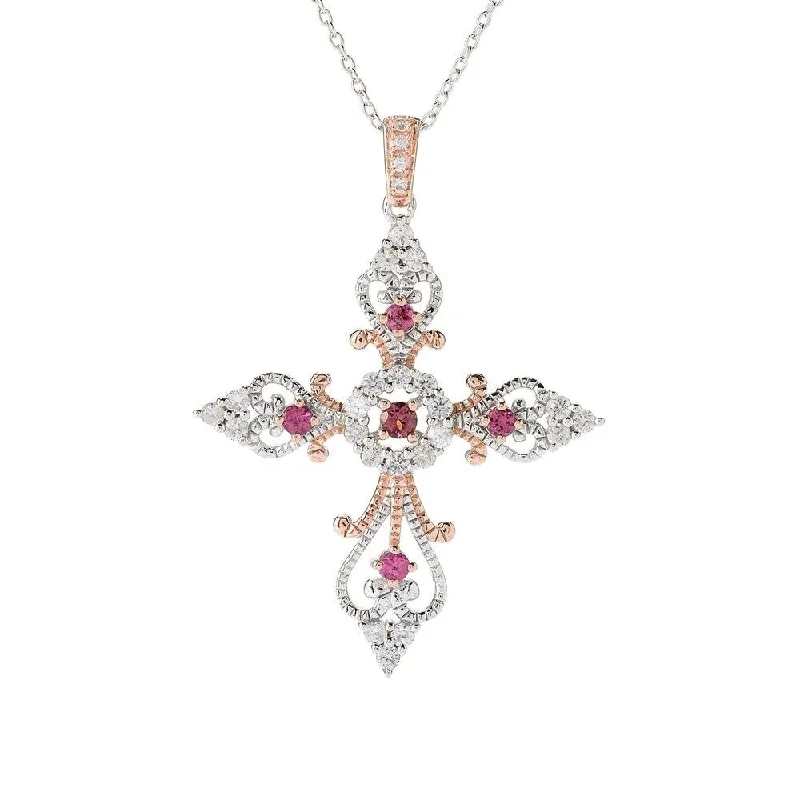 engraved gold necklace-Pink Tourmaline & White Zircon Cross Pendant w/ 18" Chain