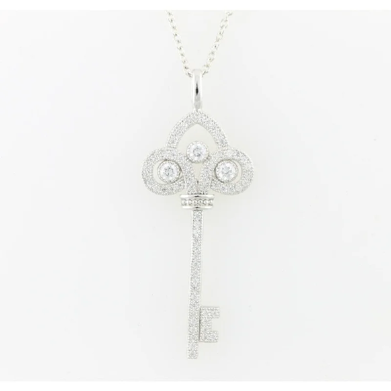 leather and silver necklace-Sterling Silver 0.96ctw White Cubic Zirconia Key Pendant with 18' Chain