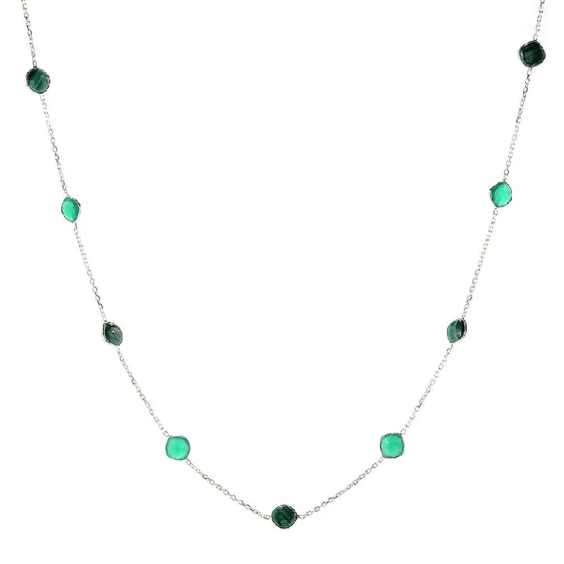 personalized bar necklace-Sterling Silver 36" 10mm Cushion Shaped Malachite Station Necklace