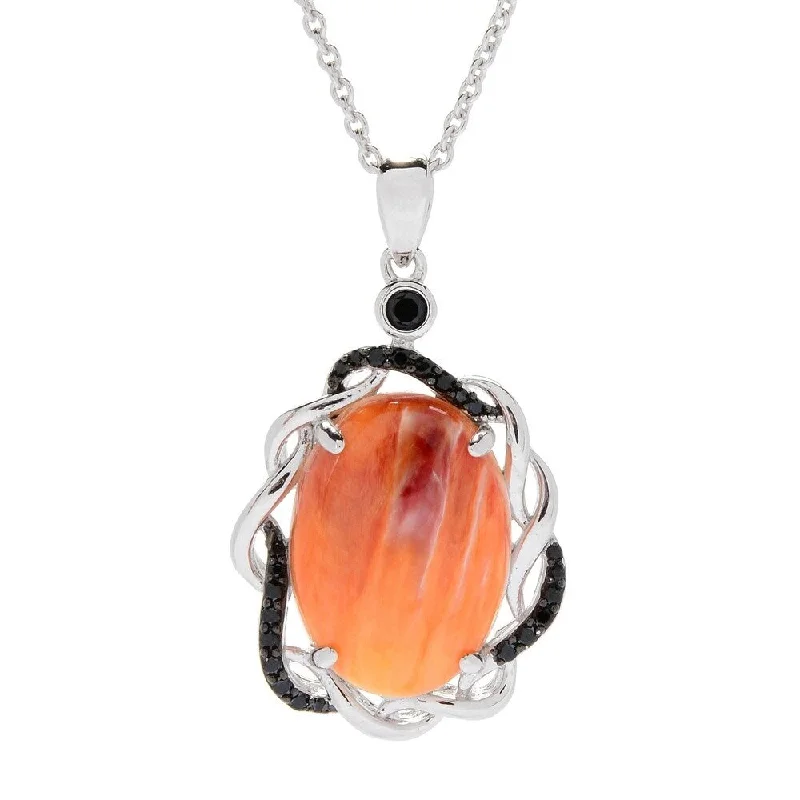 dainty initial necklace-Sterling Silver Oval Orange Spiny Oyster & Black Spinel Pendant w/ 18" Chain