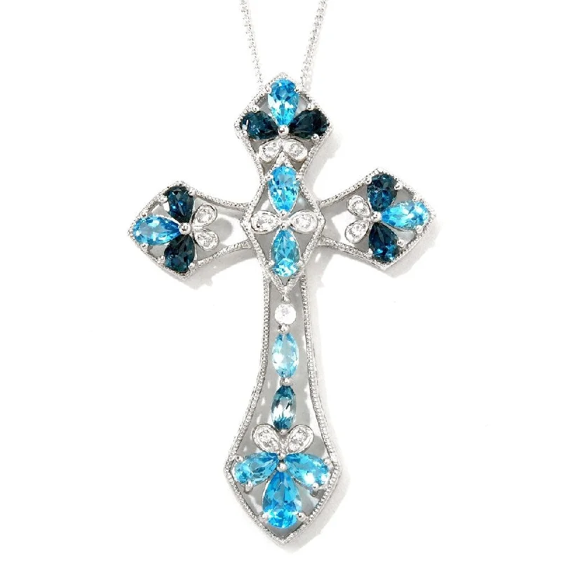 sterling silver drop necklace-Sterling Silver Swiss Blue Topaz Gothic Cross Necklace