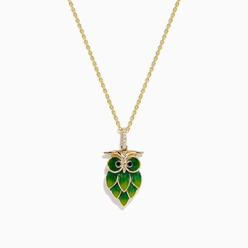 long chain necklace-14K Gold Diamond Green and Yellow Enamel Owl Pendant