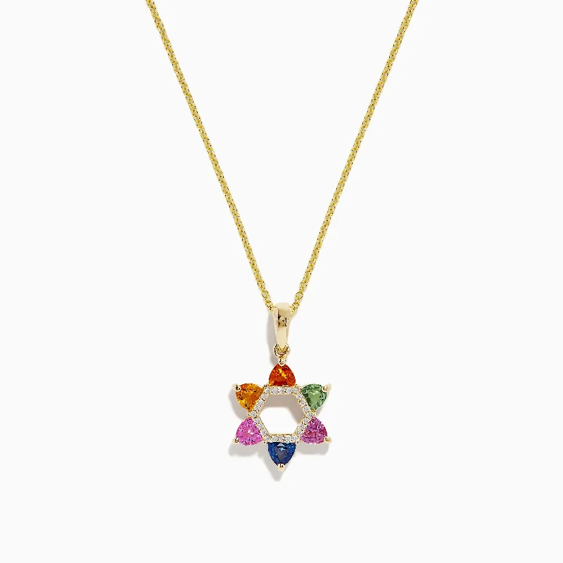 vintage silver necklace-14K Gold Multi Sapphire & Diamond Star of David Pendant, 1.96 TCW