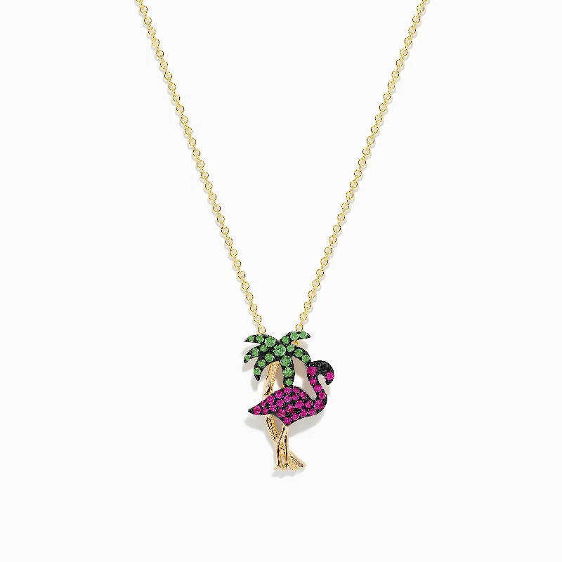 minimalist rose gold necklace-14K Gold Pink Sapphire and Tsavorite Flamingo with Palm Tree Pendant