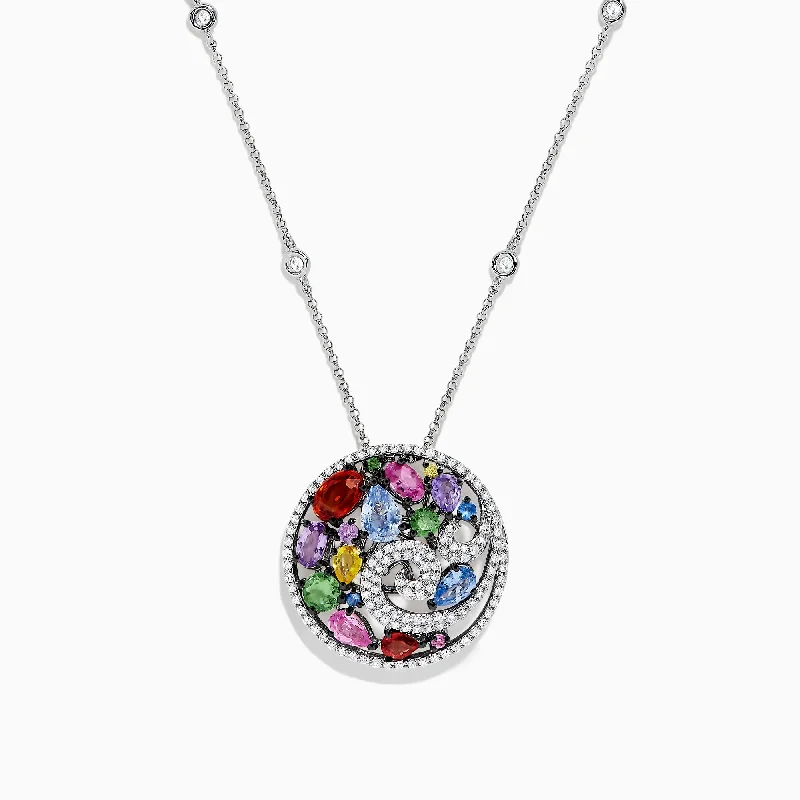 sterling silver charm necklace-14K White Gold Multi Sapphire and Diamond Wave Pendant, 3.88 TCW