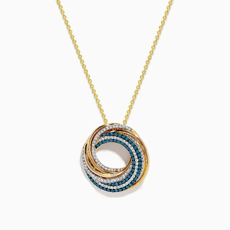 unique pendant necklace-14K Yellow Gold Blue and White Diamond Circle Pendant