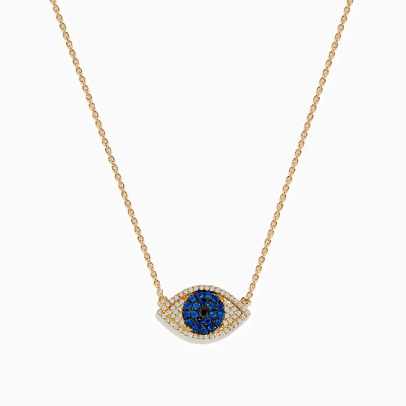 rose gold necklace for women-14K Yellow Gold Blue Sapphire and Diamond Evil Eye Necklace