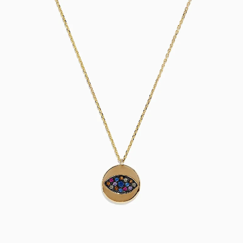 pearl necklace for women-14K Yellow Gold Multi Sapphire and Diamond Evil Eye Necklace, 0.29 TCW