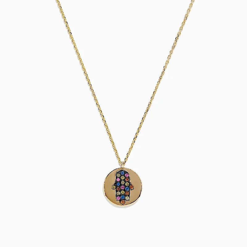 adjustable necklace for women-14K Yellow Gold Multi Sapphire and Diamond Hamsa Necklace, 0.33 TCW