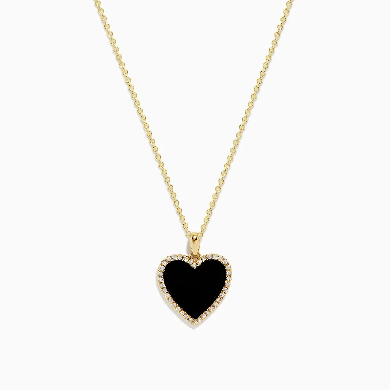 wire-wrapped necklace-14K Yellow Gold Onyx and Diamond Heart Pendant