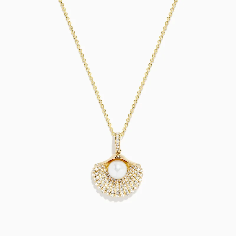 cute heart necklace-14K Yellow Gold Pearl and Diamond Shell Necklace