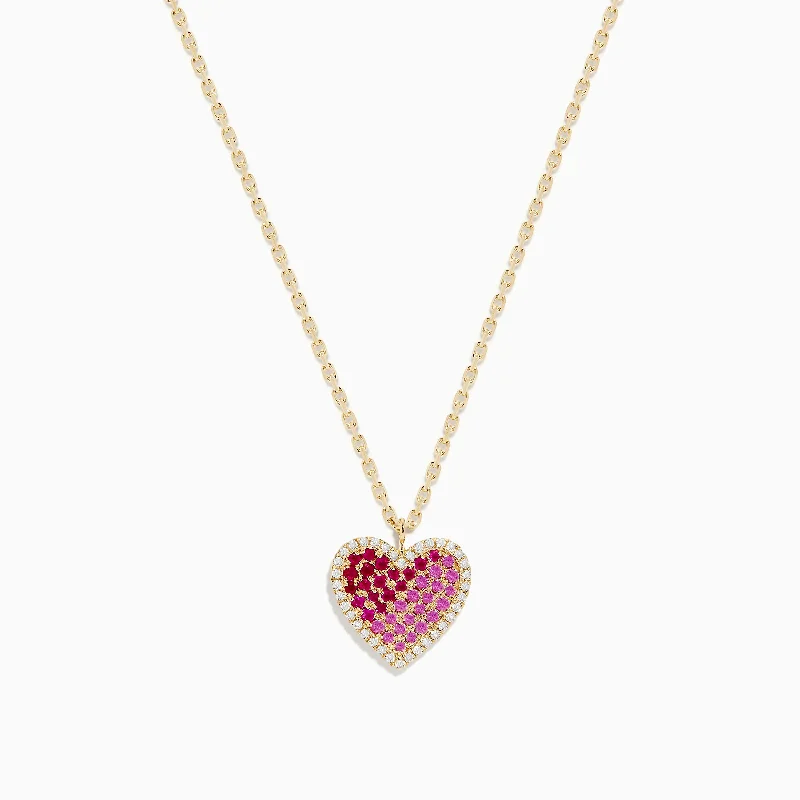 rose gold infinity necklace-14K Yellow Gold Pink Sapphire, Ruby and Diamond Heart Pendant